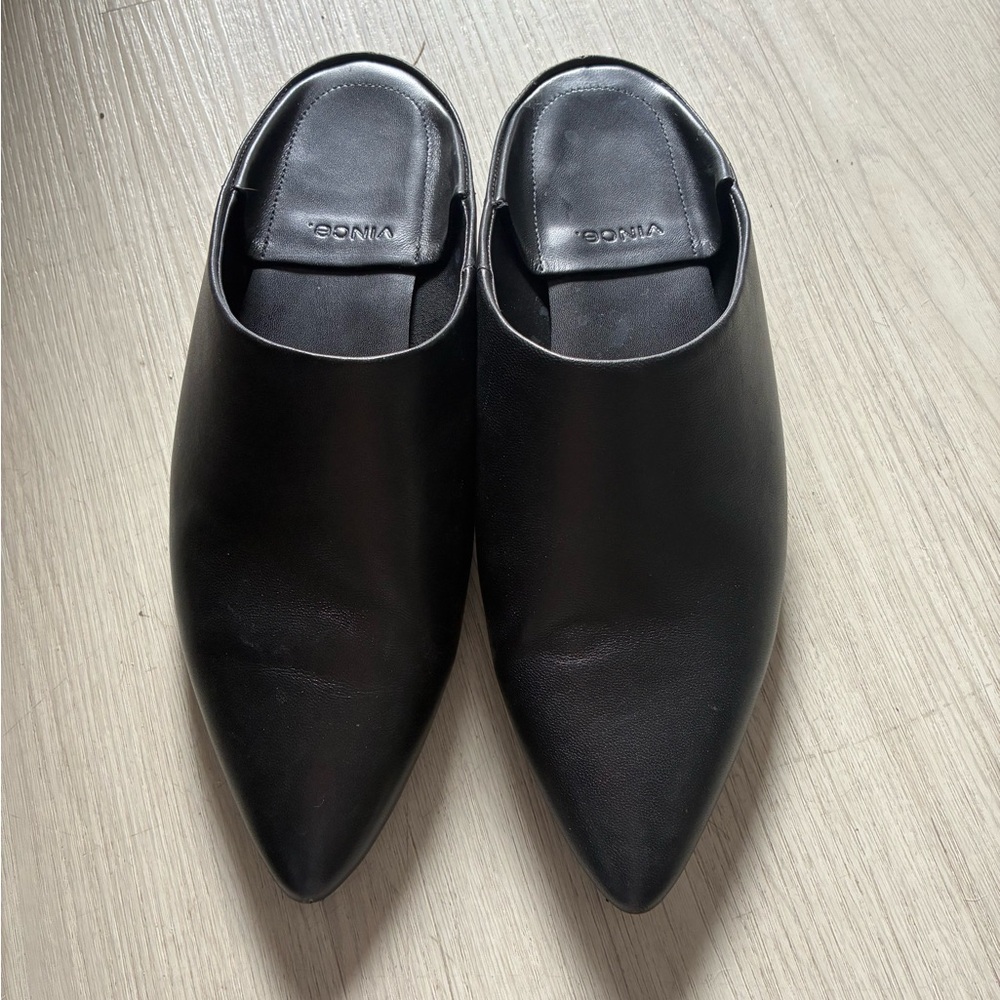 Vince Black Pointed Leather Slip-On Mules